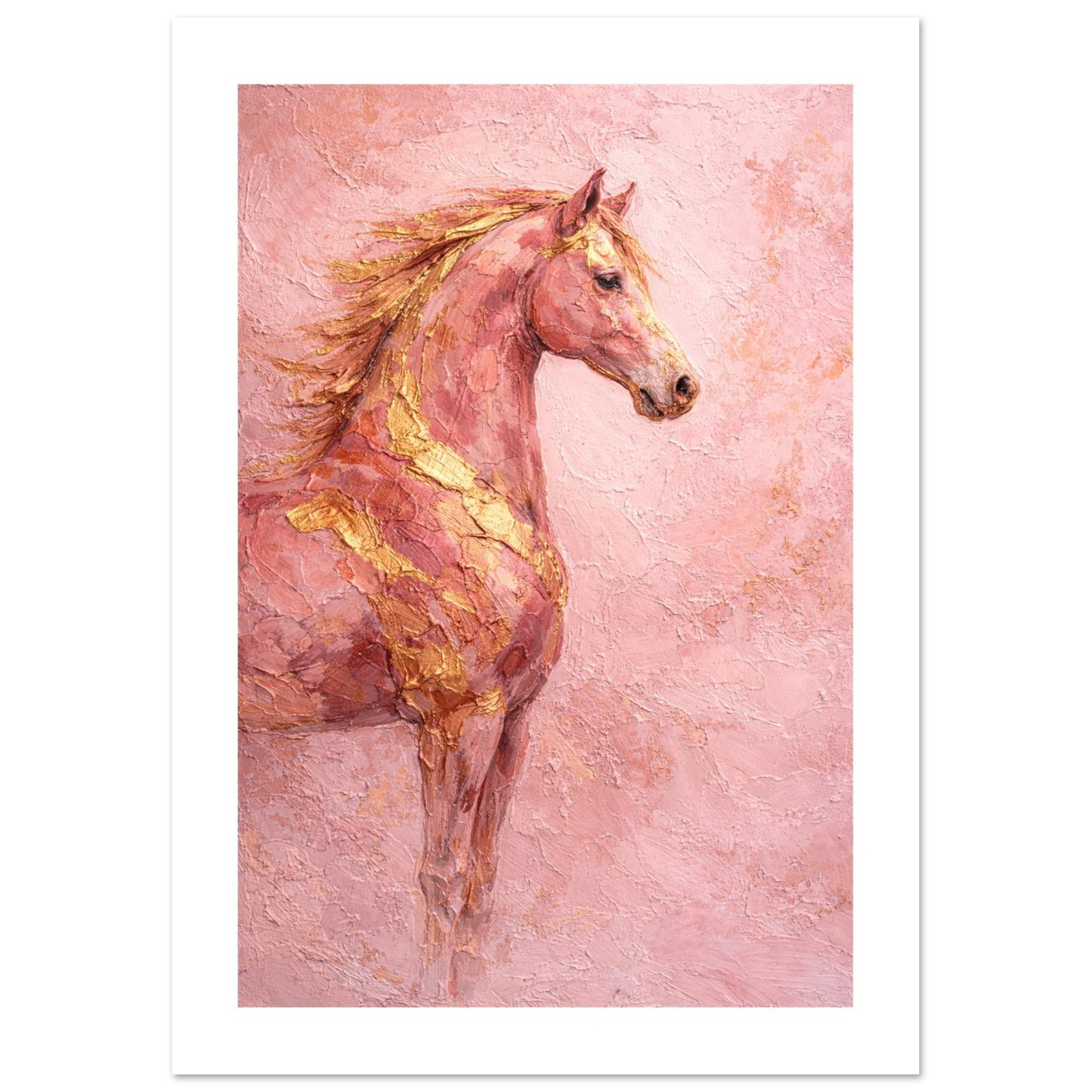 Art print of a horse with gold accents on a pink textured background