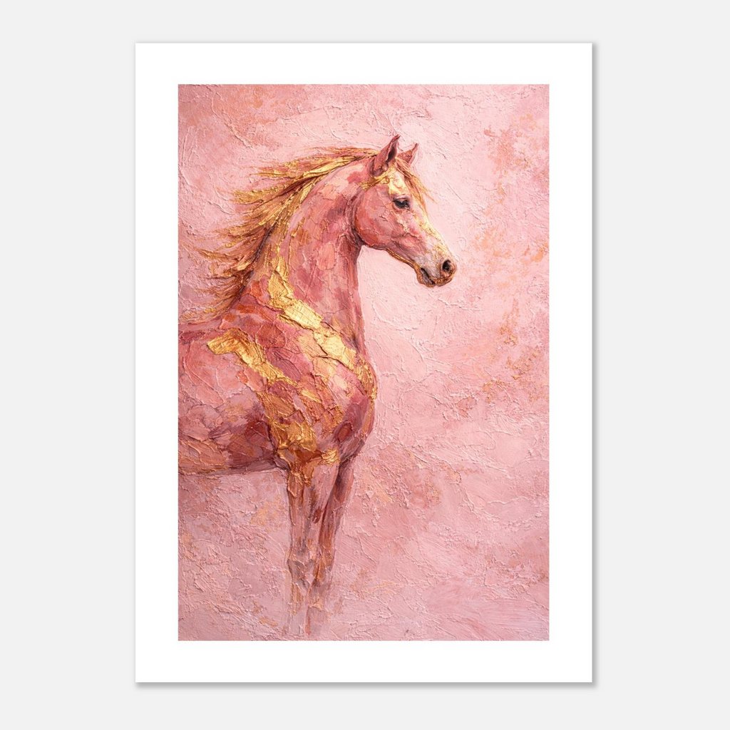 Art print of a horse with gold accents on a pink textured background