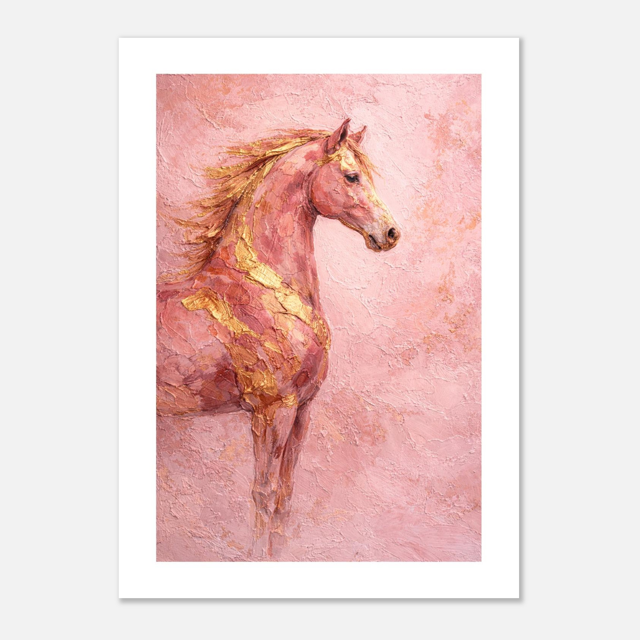 Art print of a horse with gold accents on a pink textured background