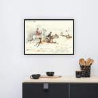 A framed vintage equestrian art print hangs on a white wall above a kitchen counter with black mugs and wooden utensils.