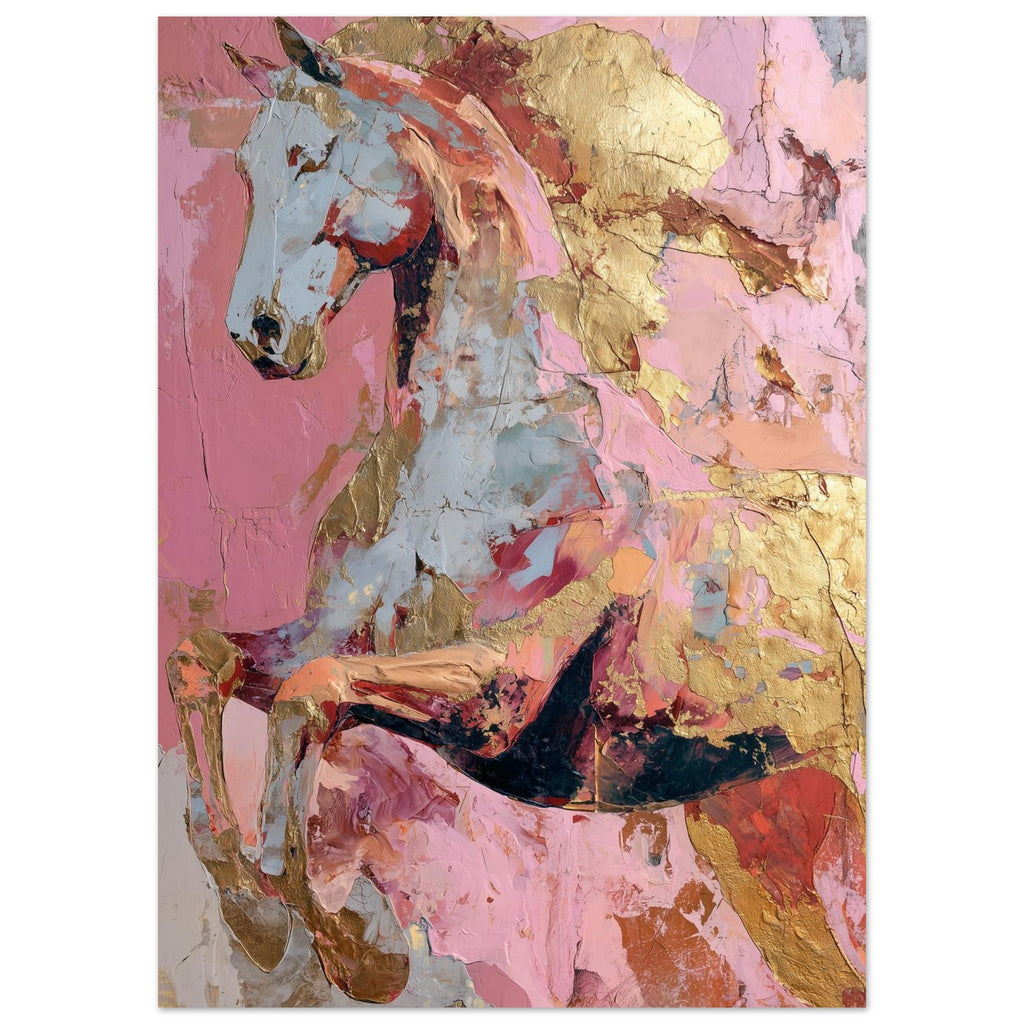 Abstract painting of a horse with gold and pink tones