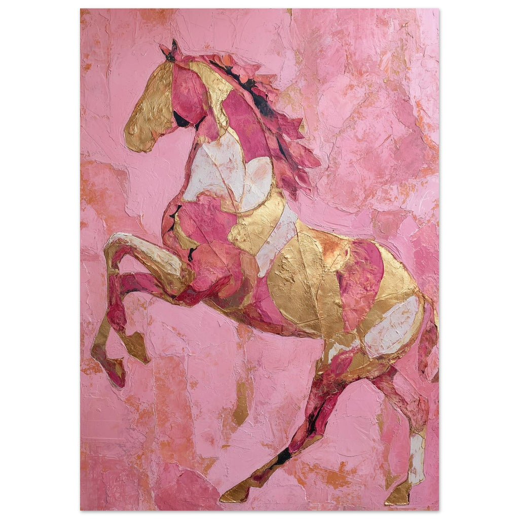Artistic depiction of a horse on a pink and gold abstract background