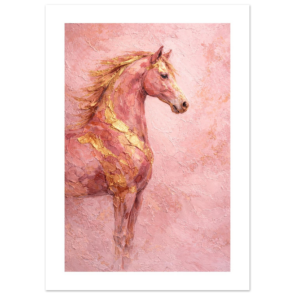 Art print of a horse with gold accents on a pink textured background