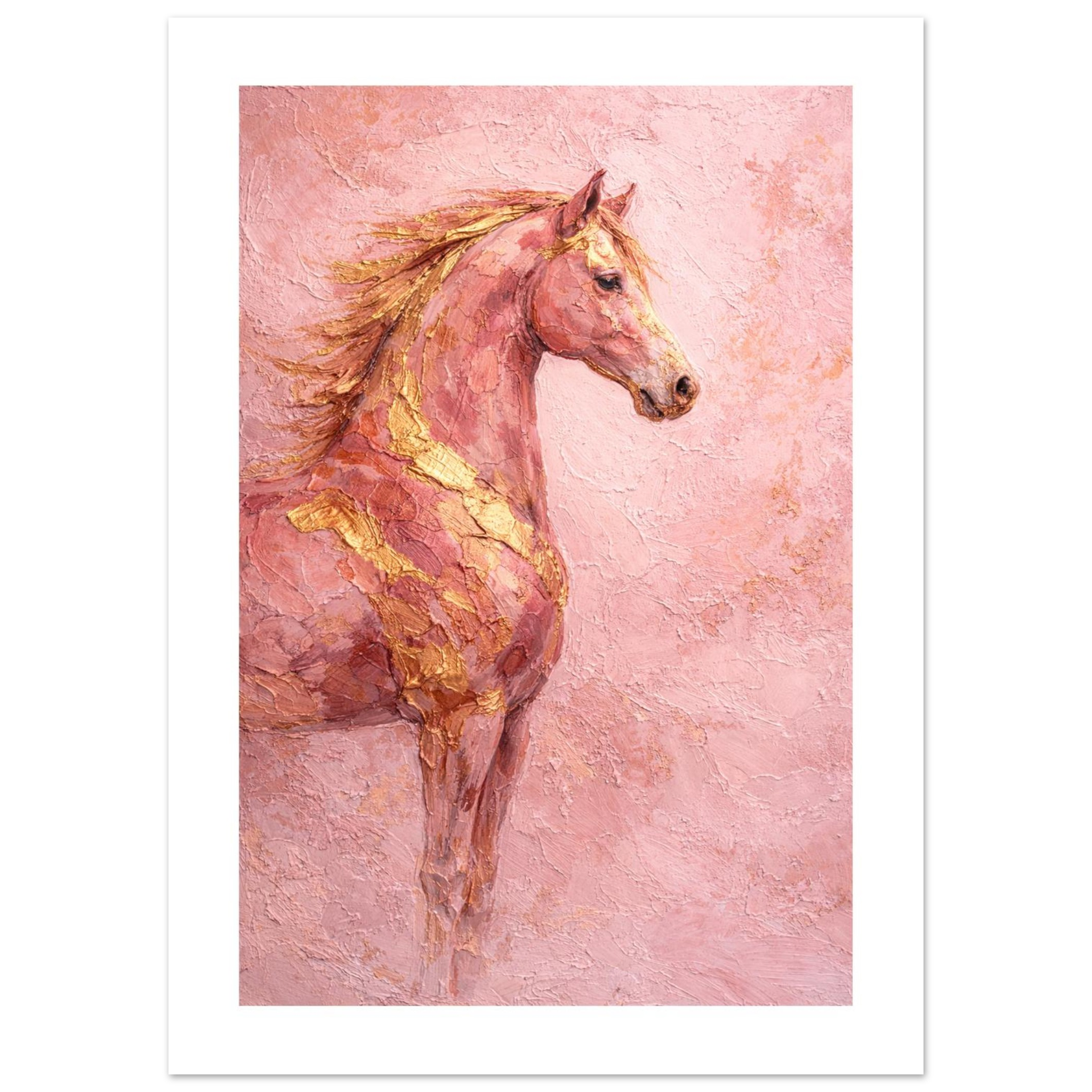 Art print of a horse with gold accents on a pink textured background