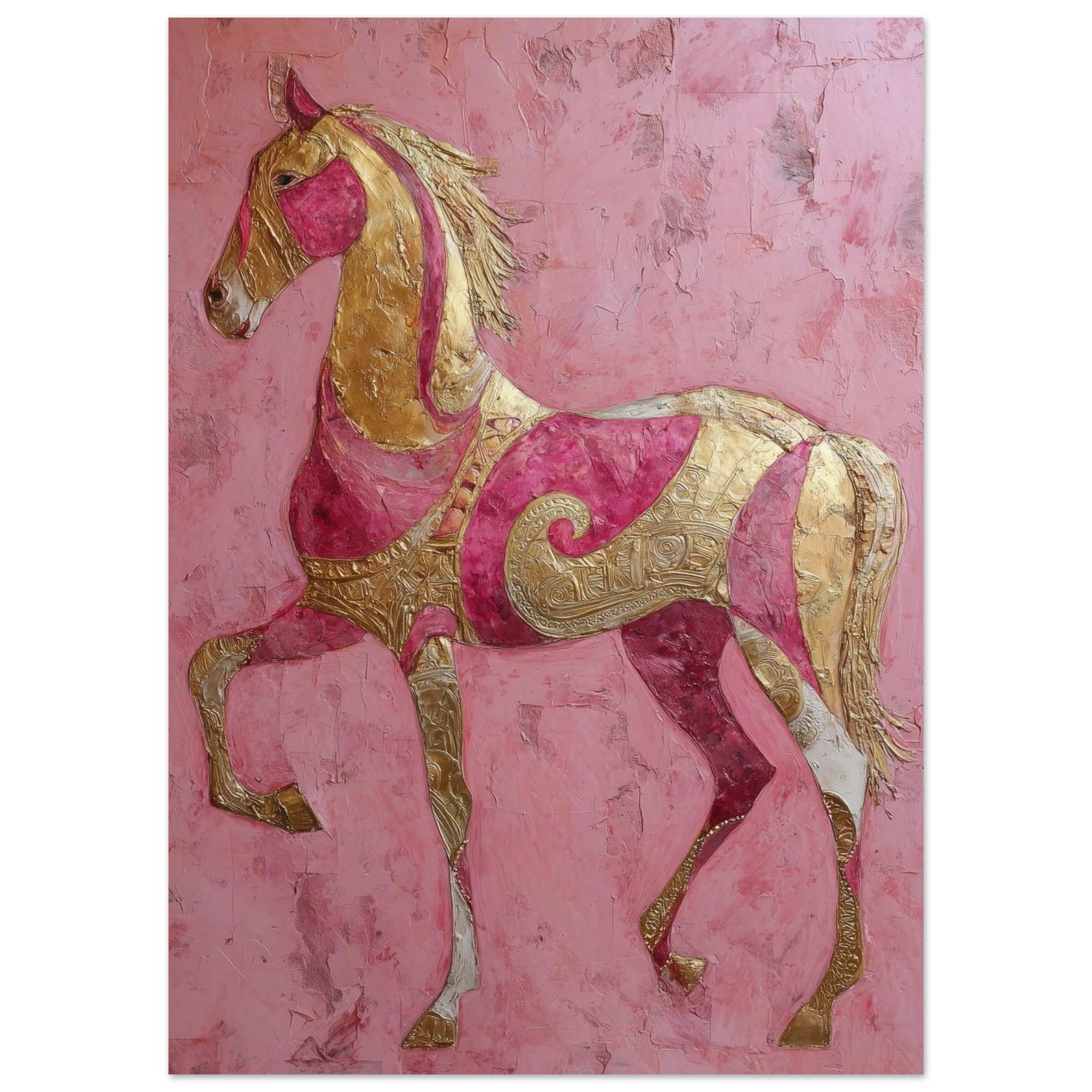 Decorative paper with a pink and gold horse design on a pink background