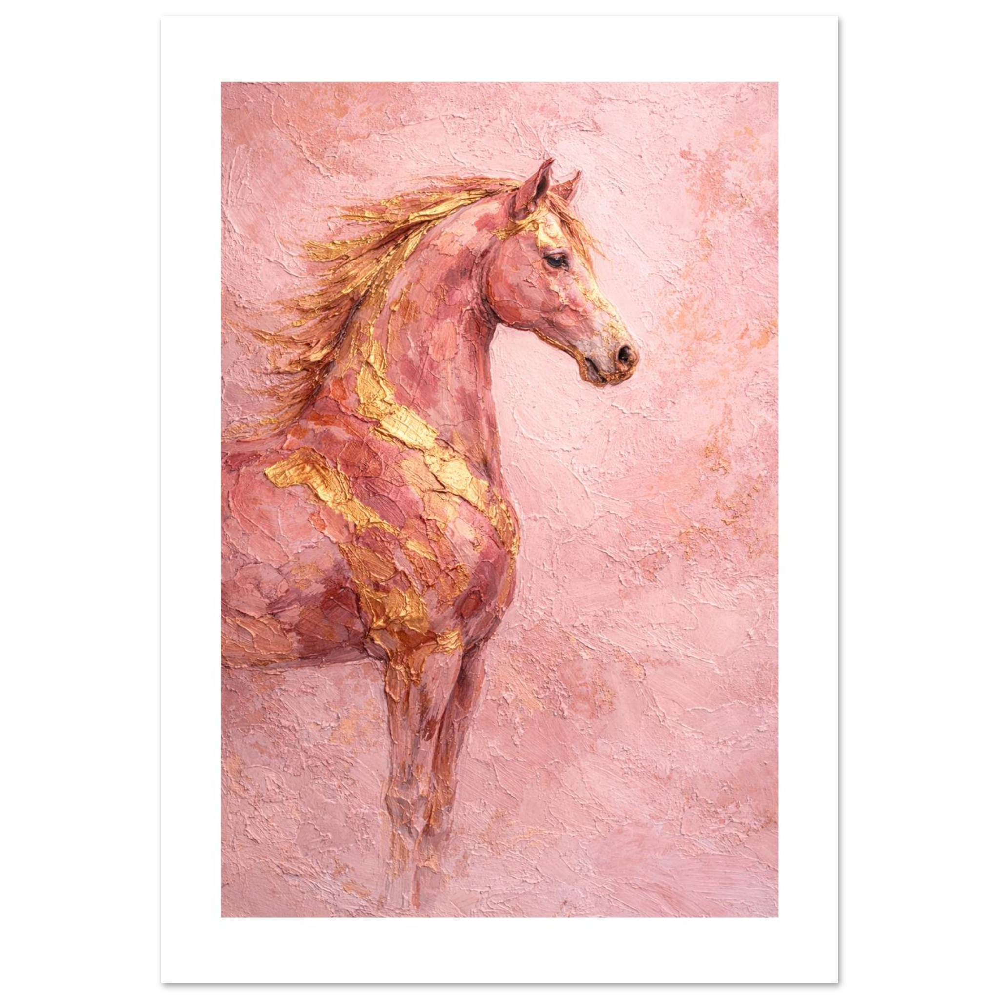 Art print of a horse with gold accents on a pink textured background