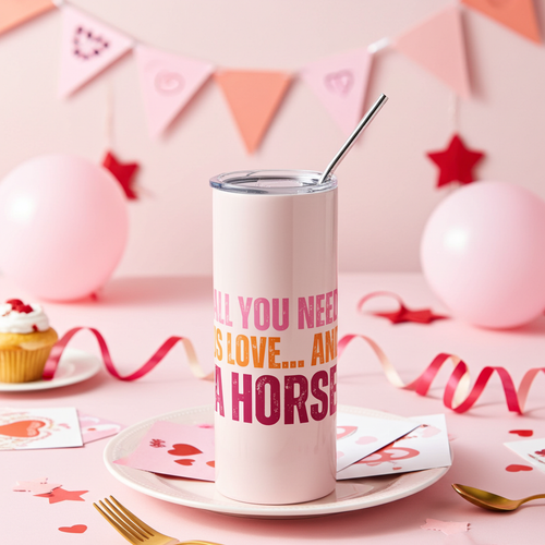 Pink tumbler with 'All you need is love and a horse' text on a pink tablecloth with balloons and party decorations.