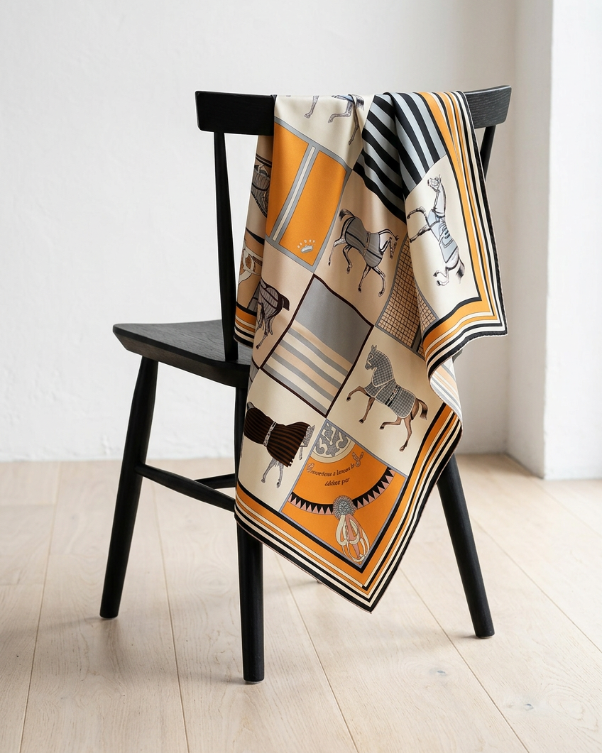 A patterned silk scarf with horse illustrations and geometric borders in orange, beige, black, and gray, draped over a black wooden chair in a minimalist room with light wood floors.