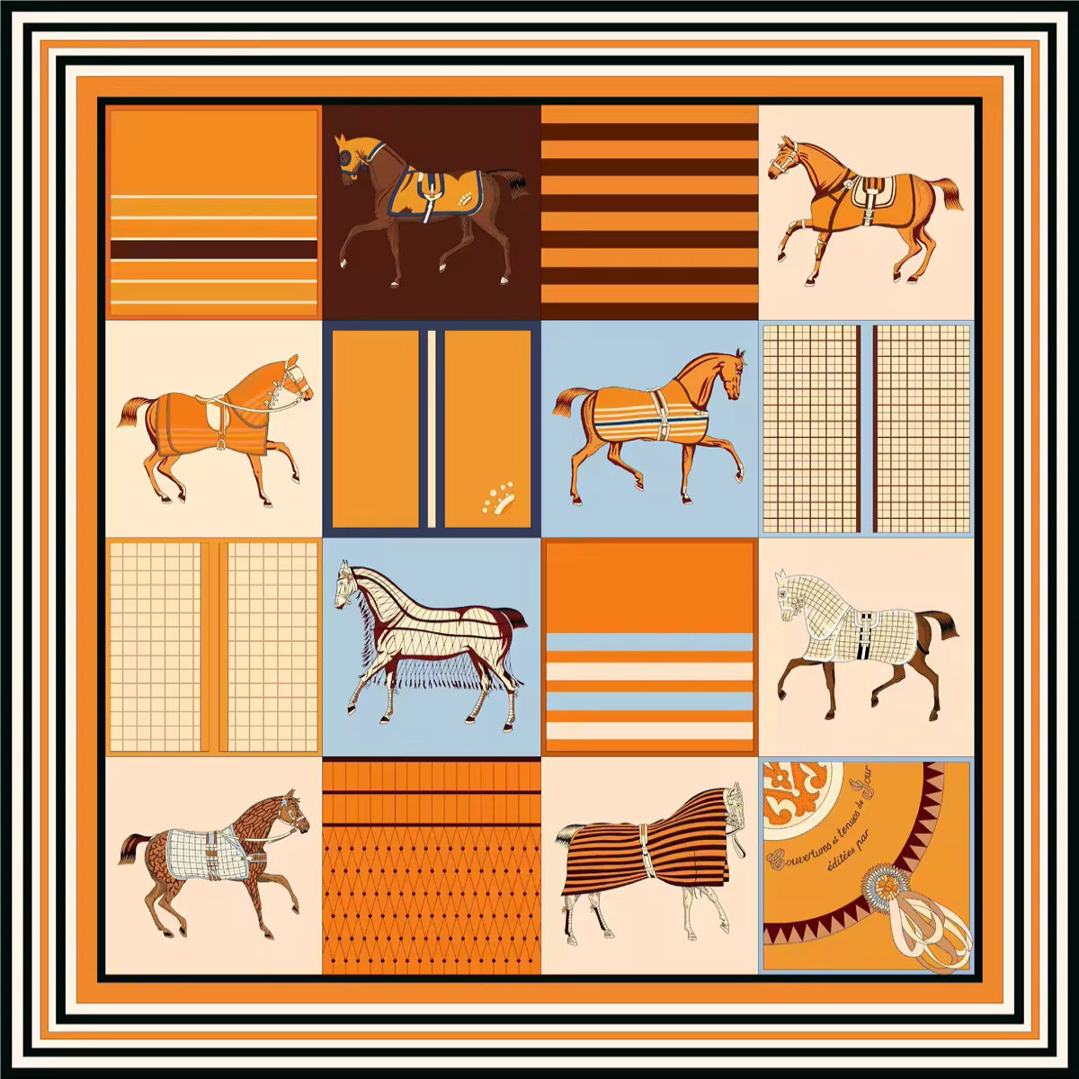 A square textile or fabric panel featuring a retro 1970s-inspired grid pattern with illustrations of horses in various poses, alongside geometric stripes, plaid, and solid blocks in orange, brown, beige, light blue, and cream.