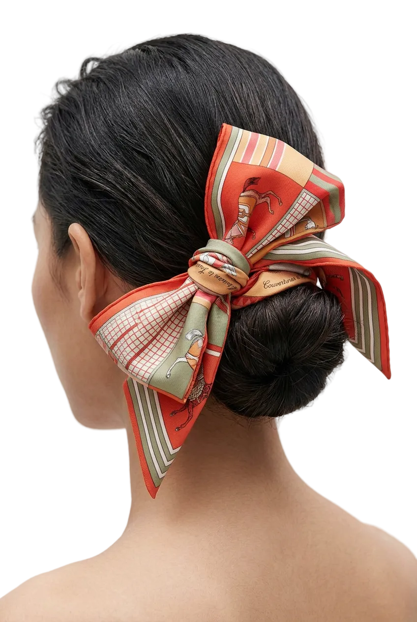 A woman shown from the back wearing a large decorative hair bow made from a patterned silk scarf tied around her low bun.