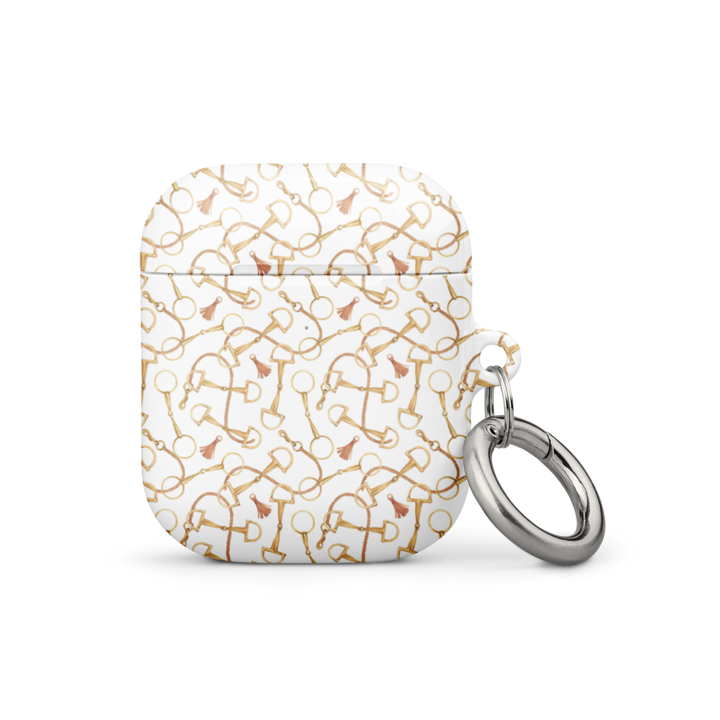 White case with gold geometric pattern and keychain on a white background