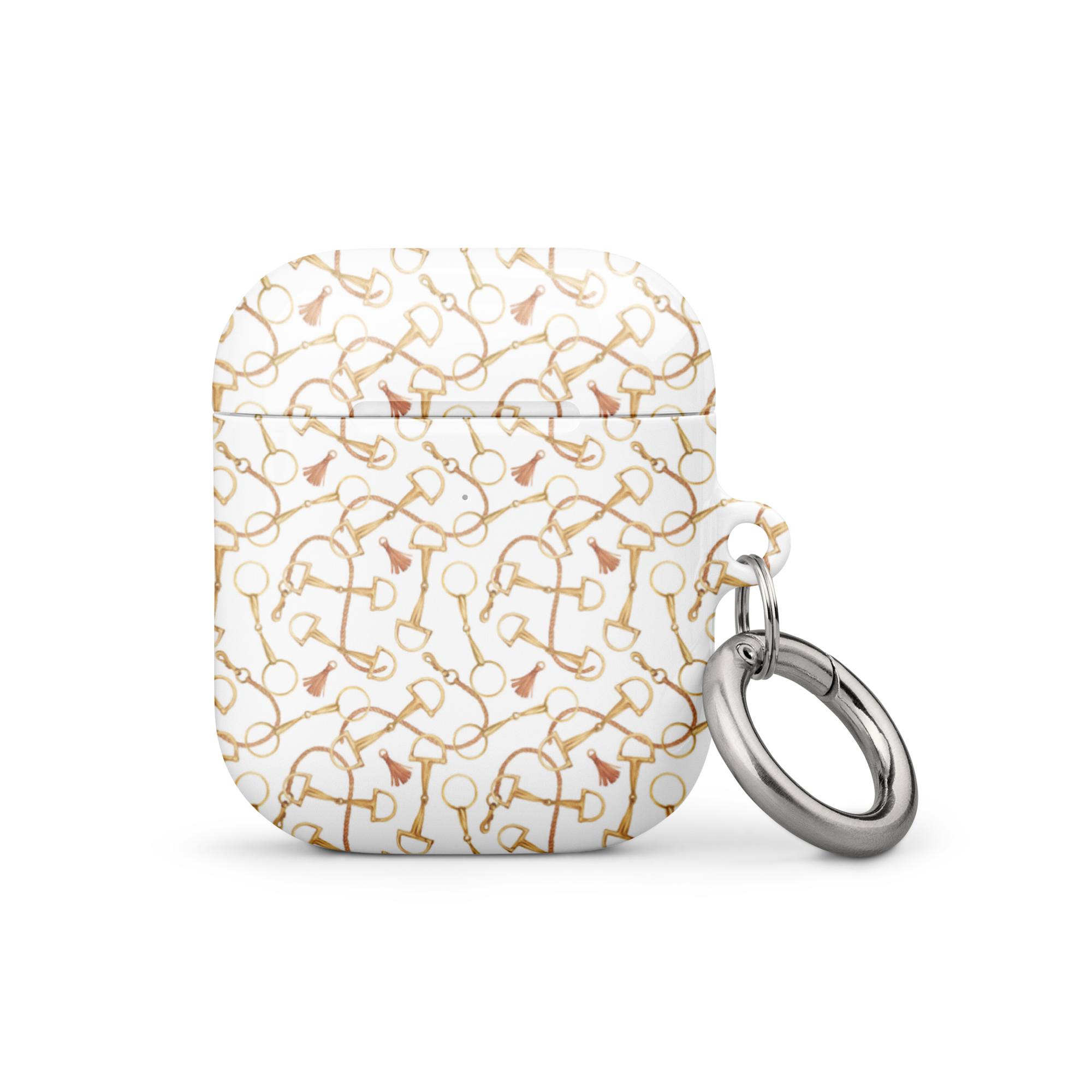 White case with gold geometric pattern and keychain on a white background