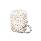 White case with gold dog bone pattern and silver ring on a white background