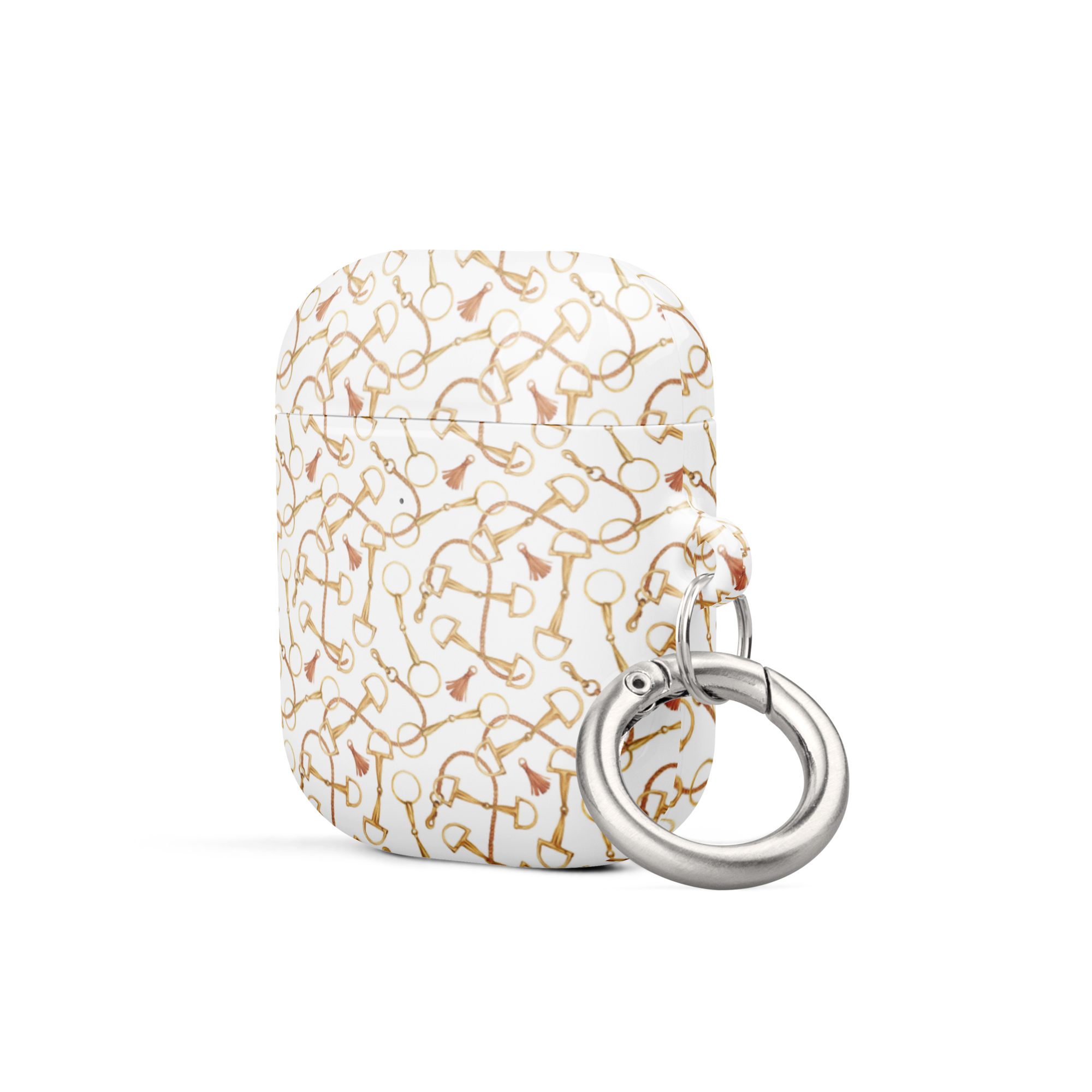 White case with gold dog bone pattern and silver ring on a white background