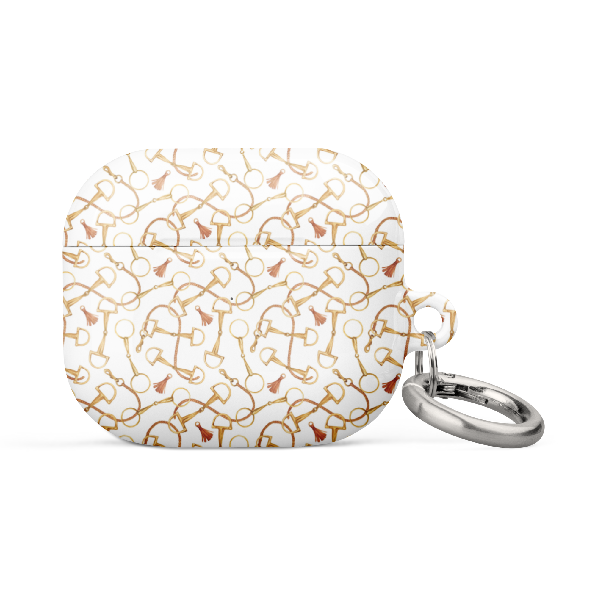 White case with gold geometric pattern and keychain on a white background