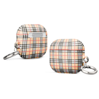 Two protective AirPods case covers with a beige plaid pattern and silver keychain rings, shown from different angles on a white background.