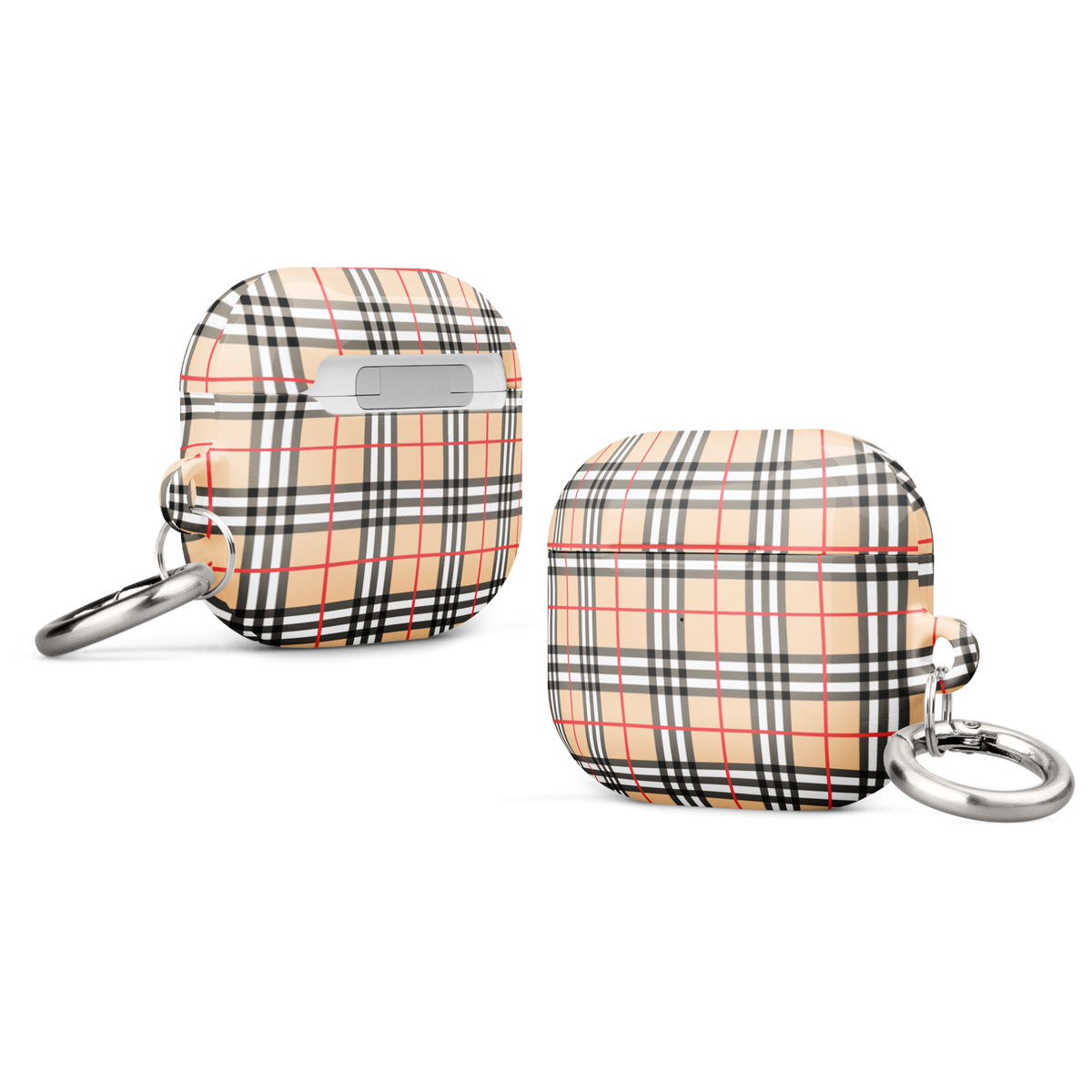 Two protective AirPods case covers with a beige plaid pattern and silver keychain rings, shown from different angles on a white background.