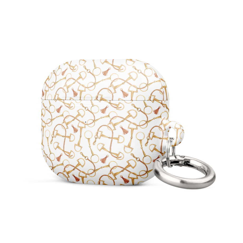 White case with gold geometric pattern and keychain on a white background