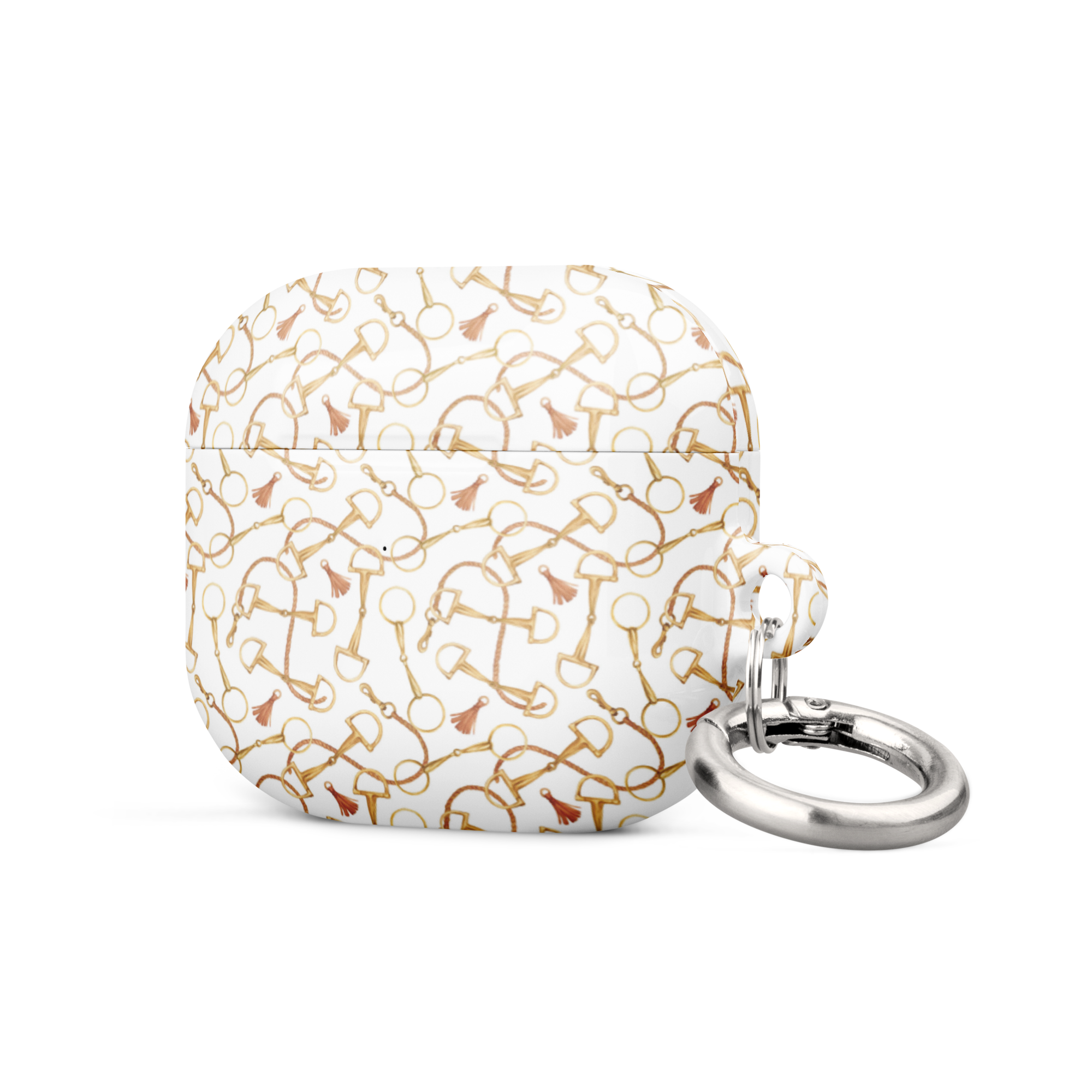 White case with gold geometric pattern and keychain on a white background