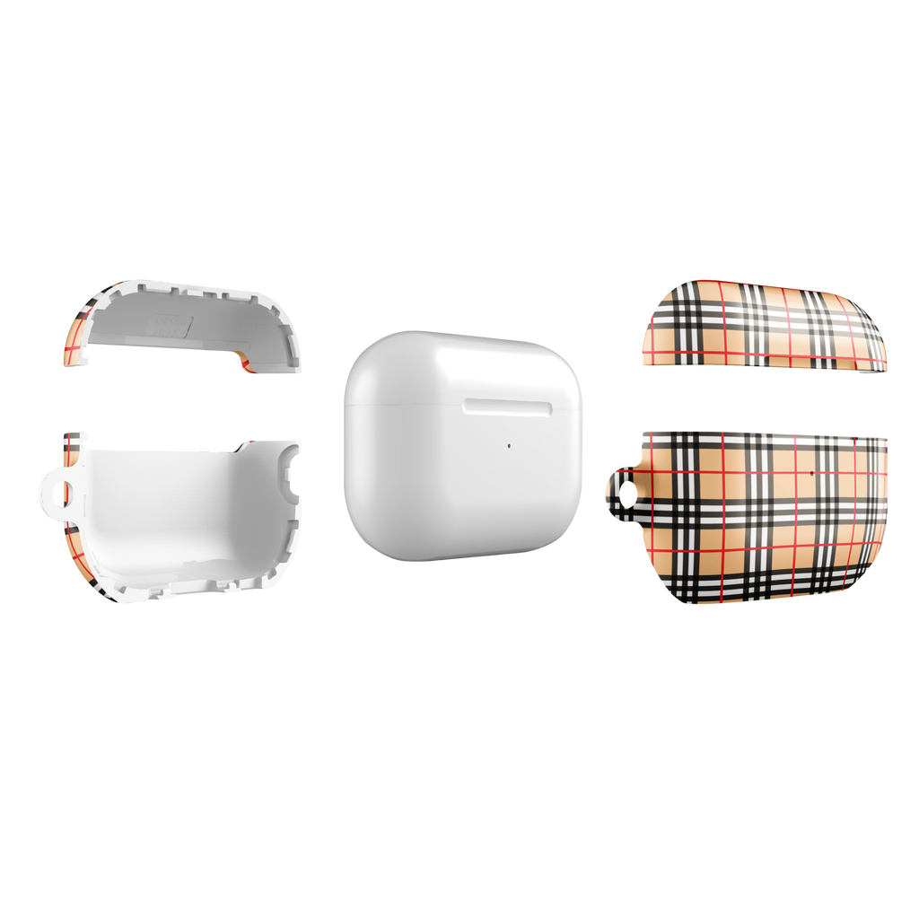 Three views of an AirPods case set : a white interior case on the left, a plain white AirPods charging case in the center, and a peach plaid exterior case on the right.
