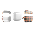 Three views of an AirPods case set : a white interior case on the left, a plain white AirPods charging case in the center, and a peach plaid exterior case on the right.