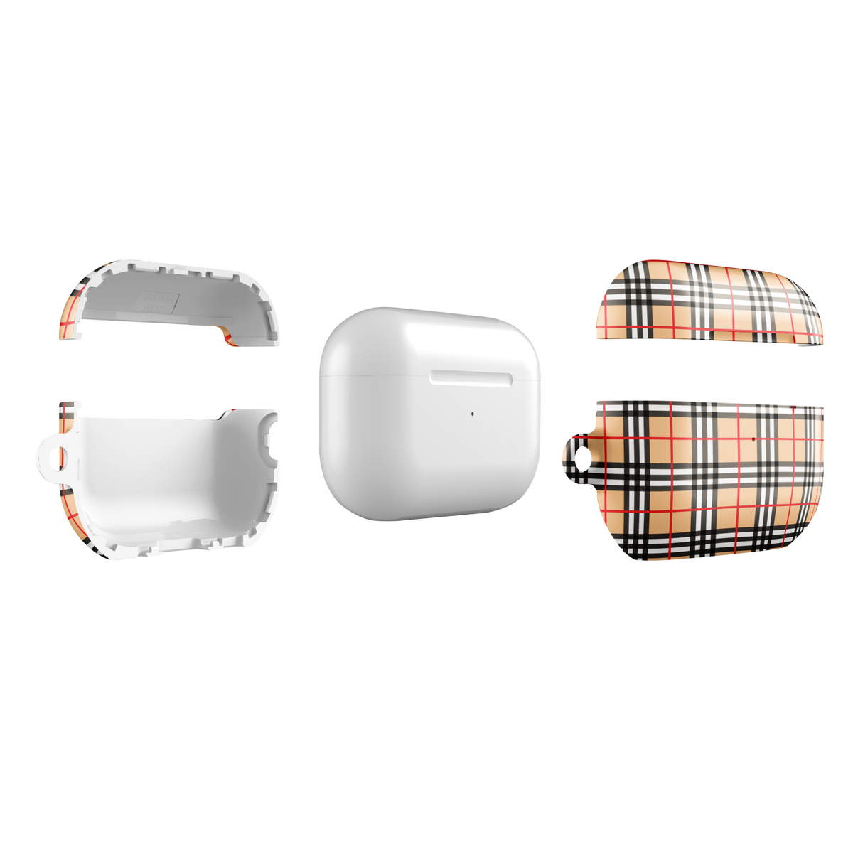 Three views of an AirPods case set : a white interior case on the left, a plain white AirPods charging case in the center, and a peach plaid exterior case on the right.