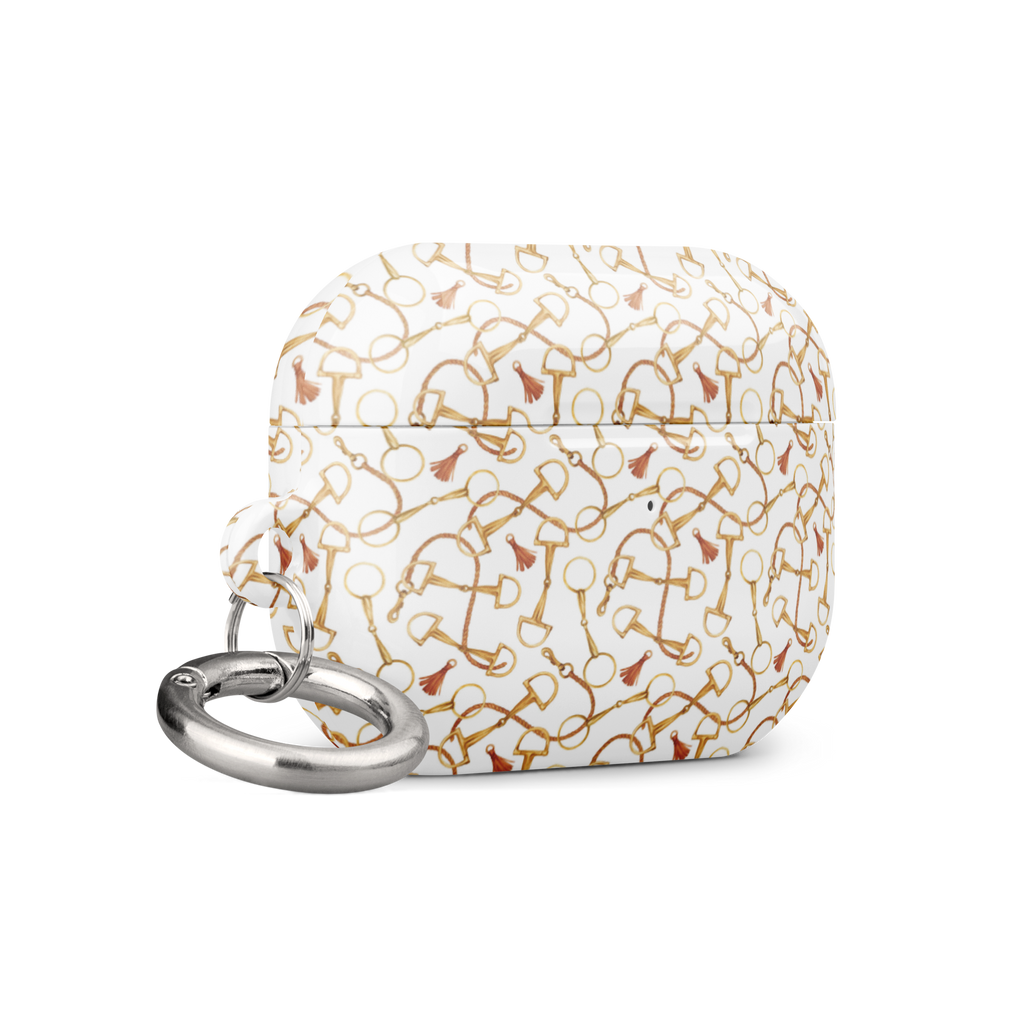 White case with gold geometric pattern and keychain on a white background