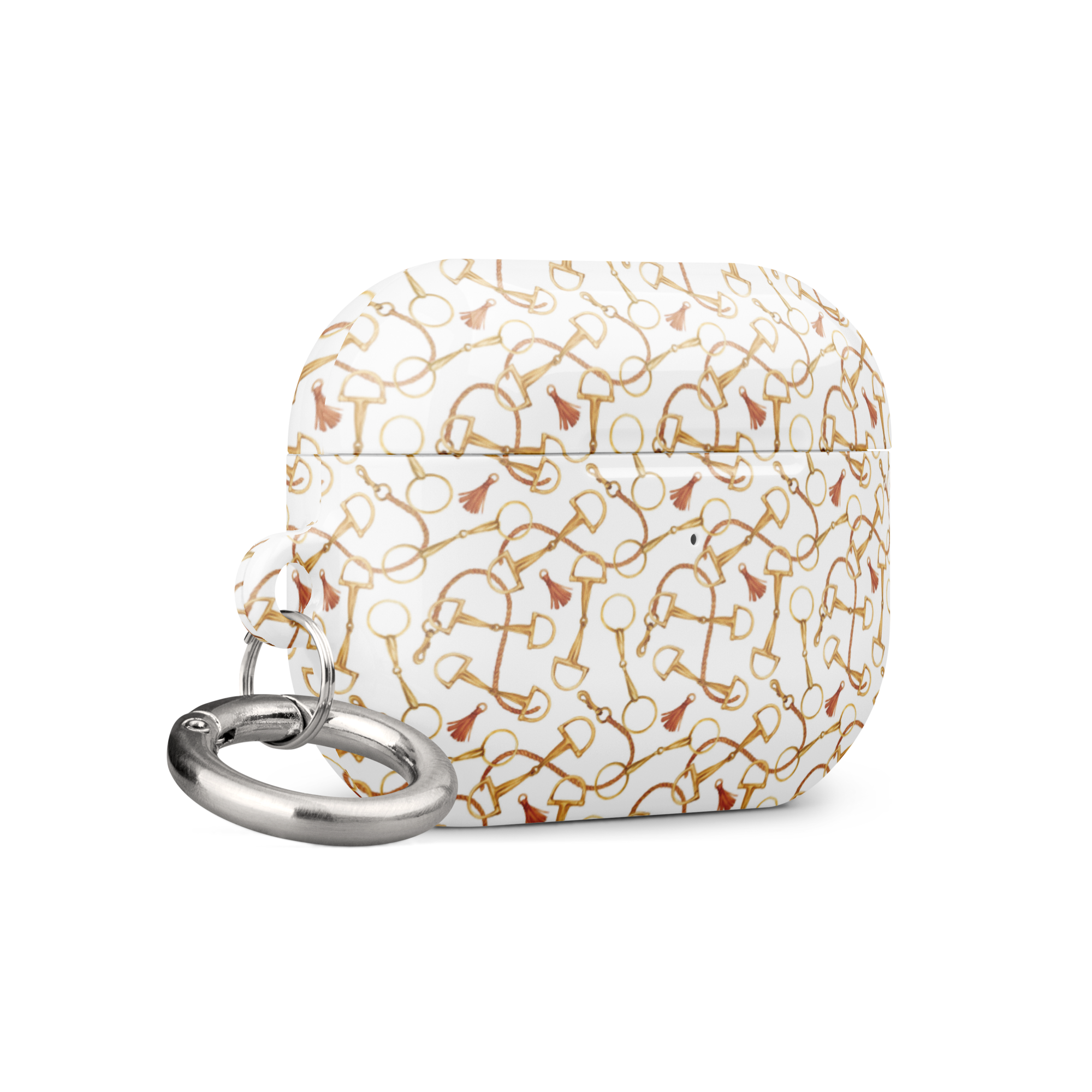 White case with gold geometric pattern and keychain on a white background
