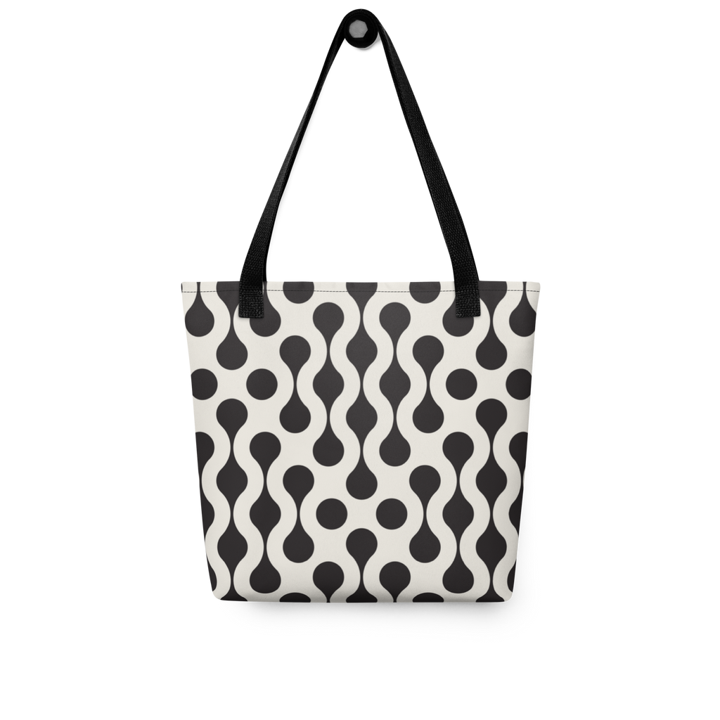 A tote bag with a black and off-white wavy dot pattern, featuring black shoulder straps and a black top handle.