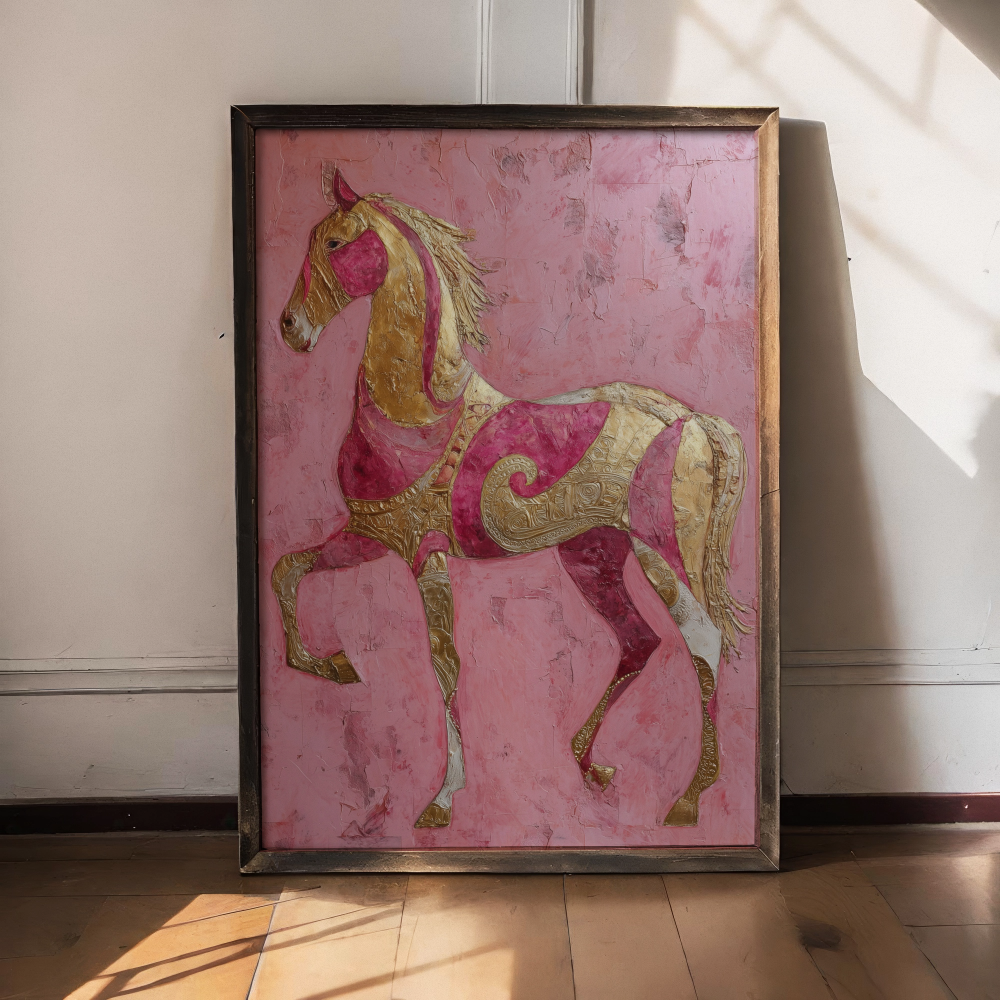 Framed artwork of a pink and gold horse on a pink background
