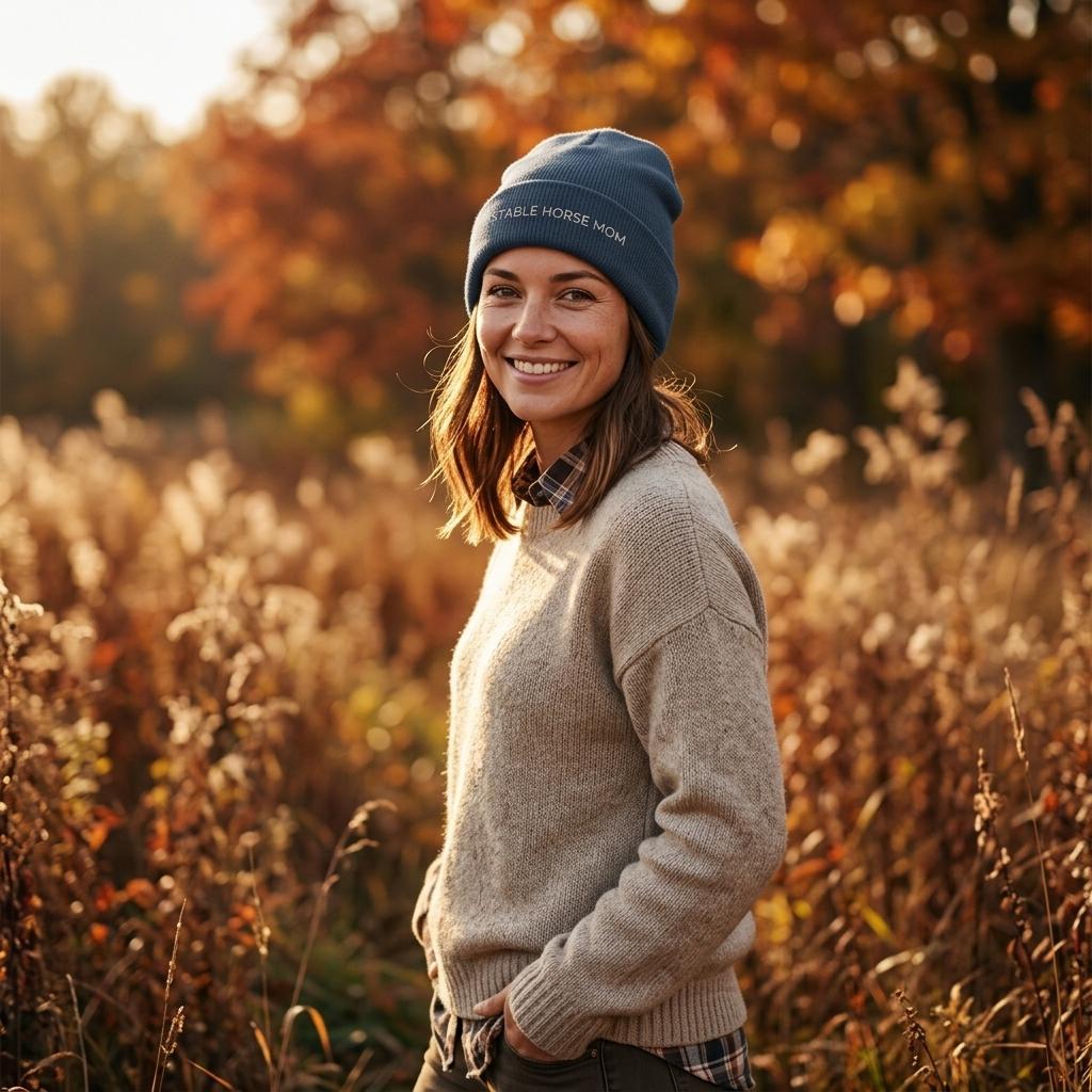 A woman smiling outdoors, wearing a navy blue beanie with 'STABLE HORSE MOM' embroidered in white, a beige knit sweater, and a plaid shirt. The background features warm, golden autumn foliage.