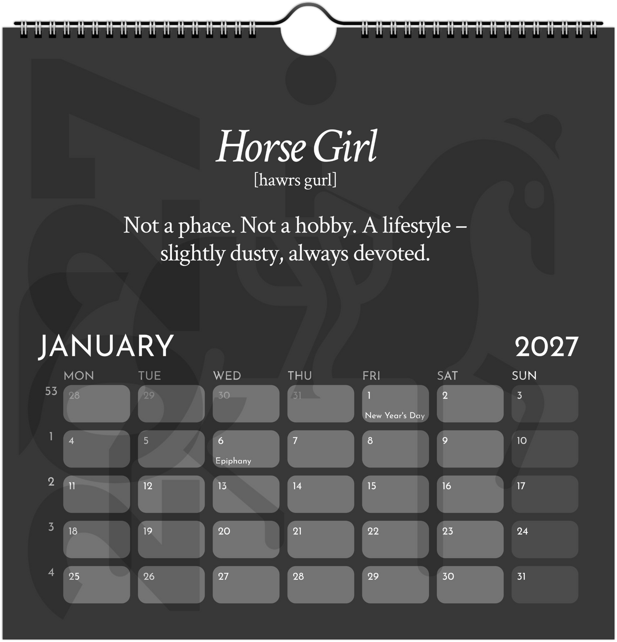 A spiral-bound wall calendar page featuring a descriptive quote, and a gray monthly calendar grid with day labels.