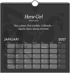 A spiral-bound 2027 calendar page featuring a dark gray background with a horse silhouette, text, and a calendar grid.