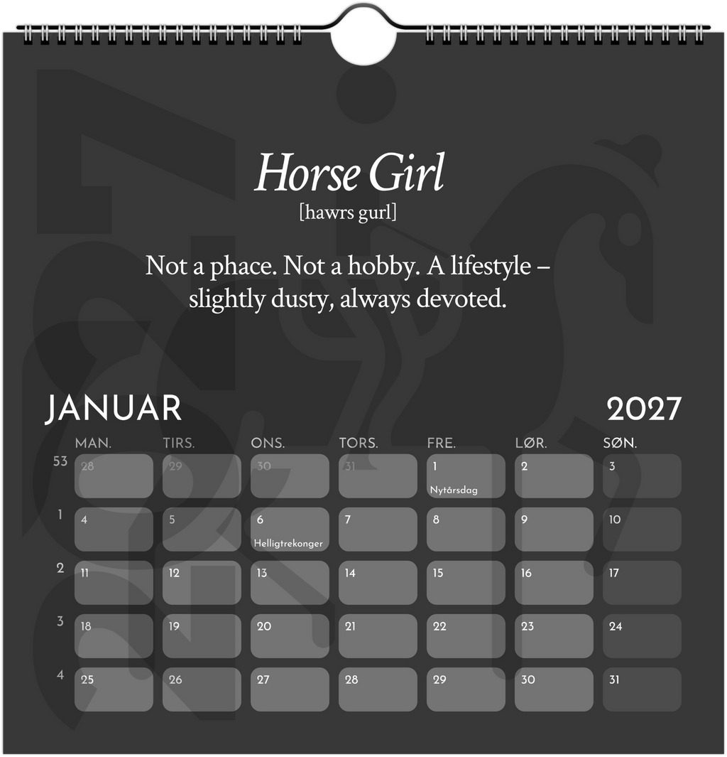 A spiral-bound 2027 calendar page featuring a dark gray background with a horse silhouette, text, and a calendar grid.