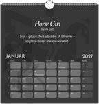 A spiral-bound 2027 calendar page featuring a dark gray background with a horse silhouette, text, and a calendar grid.