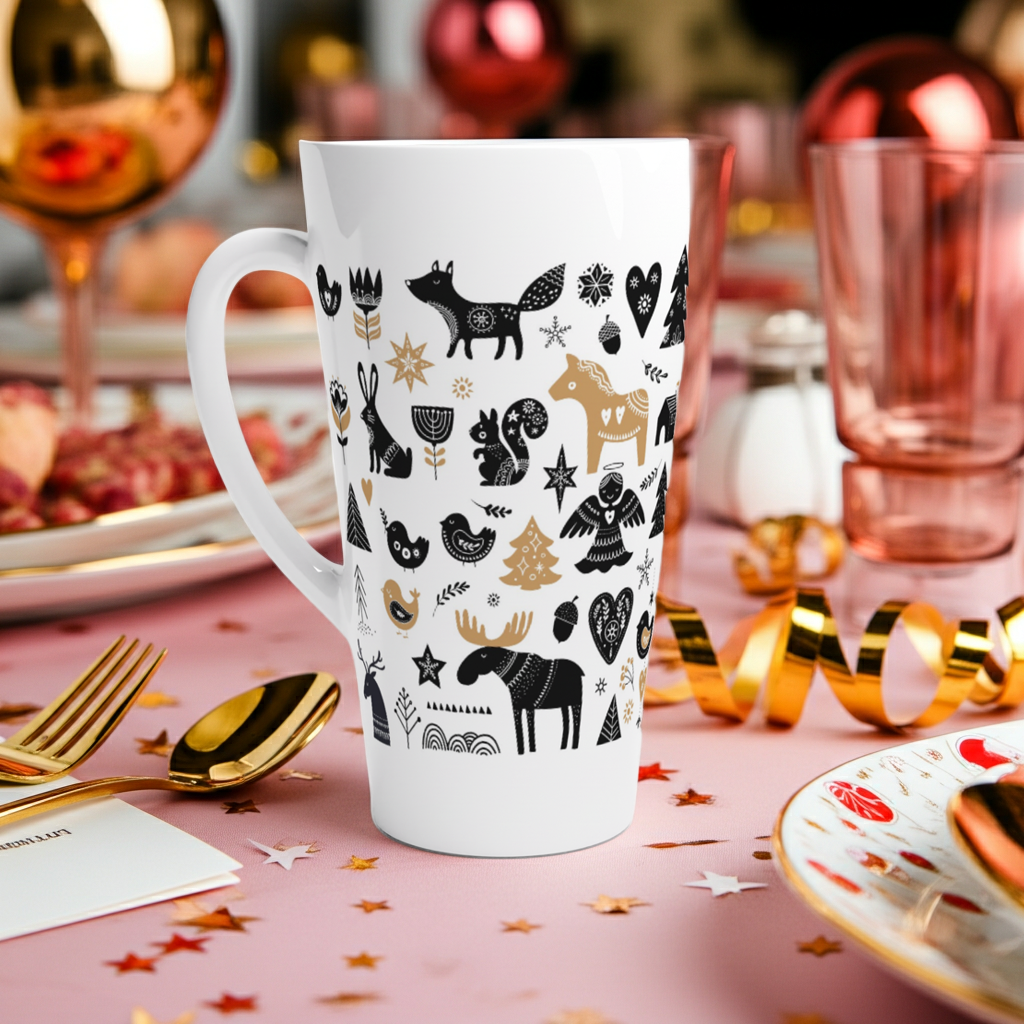 White mug with black and gold animal patterns on a festive table setting with pink tablecloth and gold decorations.