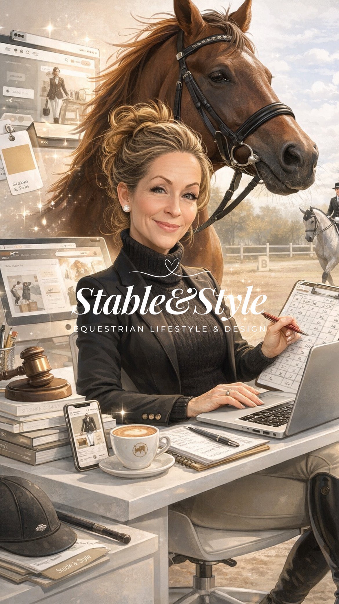 Woman at a desk with a horse in the background, featuring the brand 'Stable & Style'.