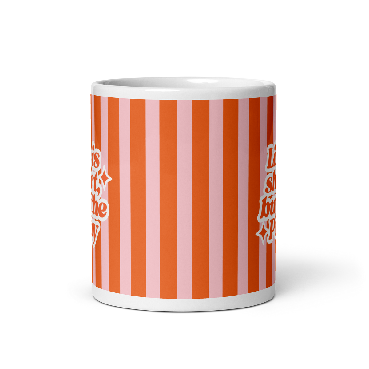 A white ceramic mug with a retro orange and pink striped design, featuring the text 'Life is short, buy the Pony' in a stylized orange and white font.