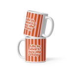 Two stacked white ceramic mugs with orange and pink vertical stripes and the text 'Life is short, buy the Pony' in white with orange outline.